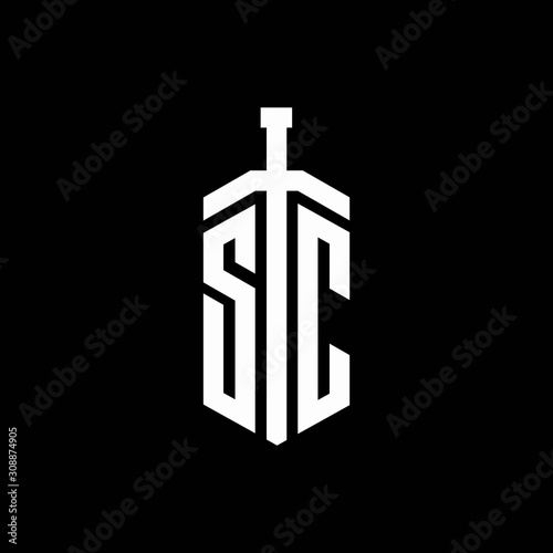 SC logo monogram with sword element ribbon design template