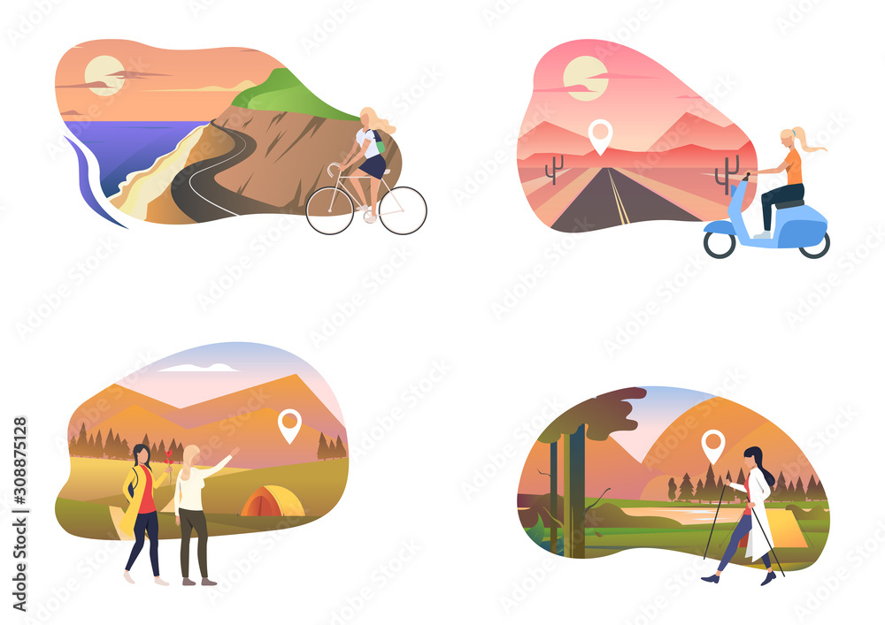 Plakat Adventure travel set. Women riding bike or scooter along seaside, hiking in mountains. Flat vector illustrations. Outdoor activities, lifestyle concept for banner, website design or landing web page
