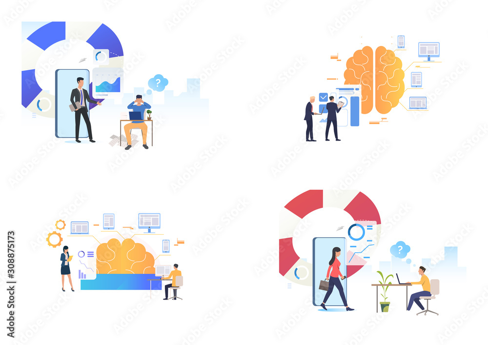 Plakat Business consulting set. Professional presenting charts, giving advice to businesspeople. Flat vector illustrations. Business, help, support concept for banner, website design or landing web page