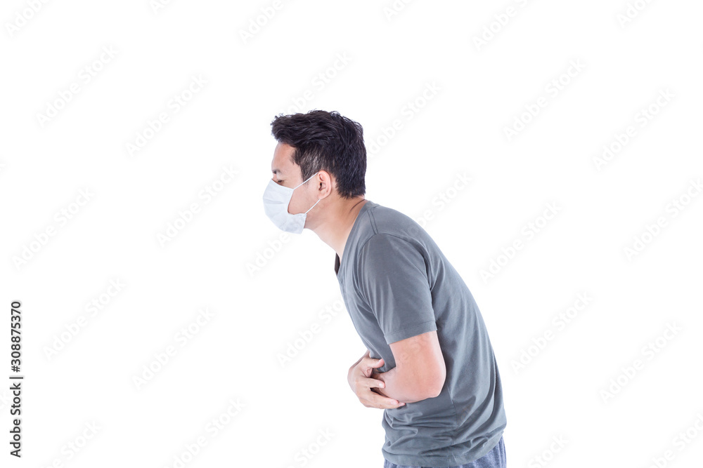 A sick man wear hygienic mask and stomachache. A sick man wear hygienic mask and stomachache.