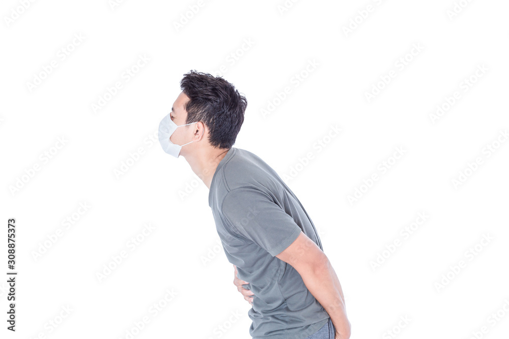A sick man wear hygienic mask and stomachache. A sick man wear hygienic mask and stomachache.