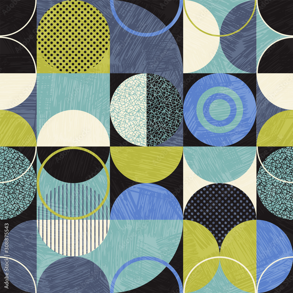 Fototapeta Seamless abstract geometric modern pattern. Retro bauhaus design of circles, squares and textures. Use for backgrounds, fabric design, wrapping paper, scrapbooks and covers. Vector illustration.