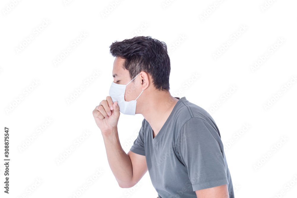 A sick man wear hygienic mask and cough. A sick man wear hygienic mask and cough.