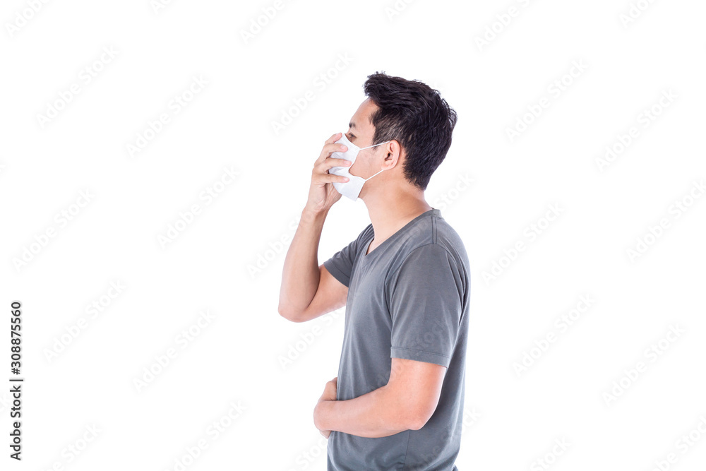 A sick man wear hygienic mask and cough. A sick man wear hygienic mask and cough.