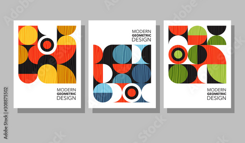 Retro geometric graphic design covers. Cool Bauhaus style compositions. Eps10 vector.