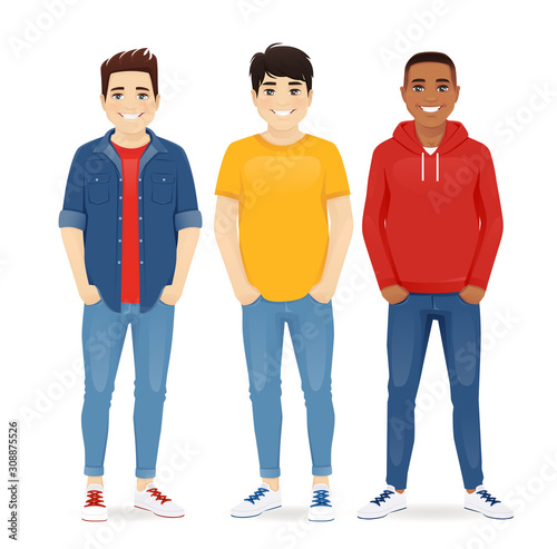 Multiethnic men friends. Three different male faces. Asian, african and caucasian standing isolated vector illustration