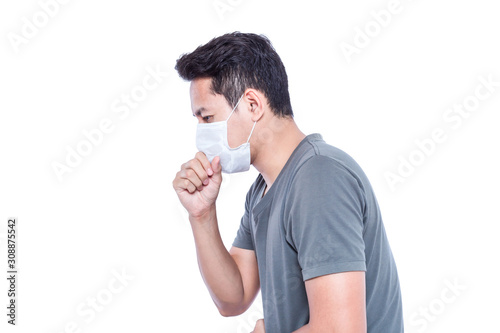A sick man wear hygienic mask and cough.