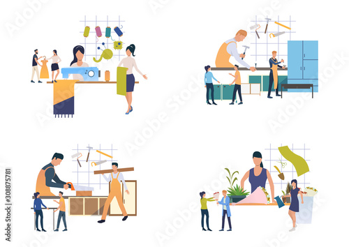 Handicraft industry set. Tailor, carpenter, florist at work. Flat vector illustrations. Occupation, job concept for banner, website design or landing web page