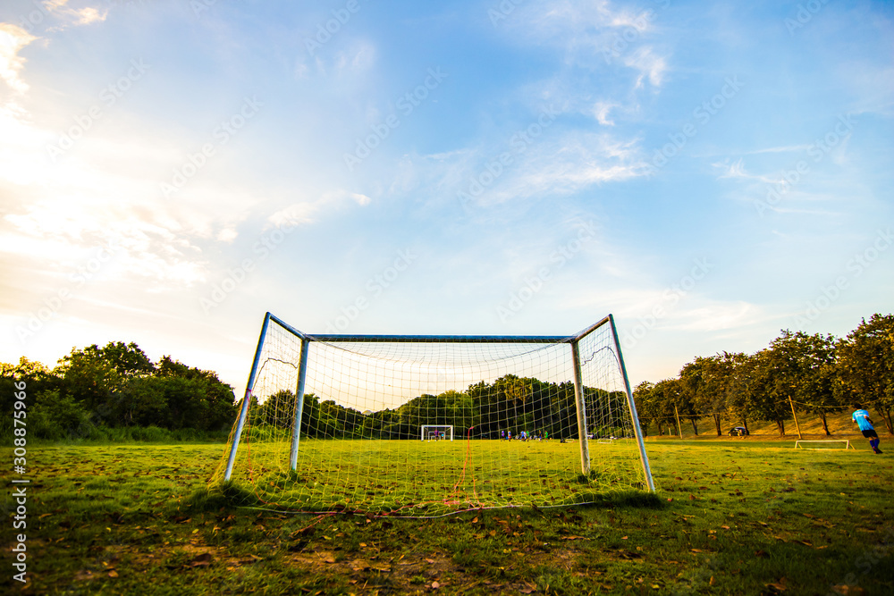 goal football in the park with a sunlight. goal football in the park with a sunlight.