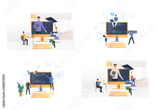 Programming studying set. Students writing application codes on computer. Flat vector illustrations. Software, education concept for banner, website design or landing web page
