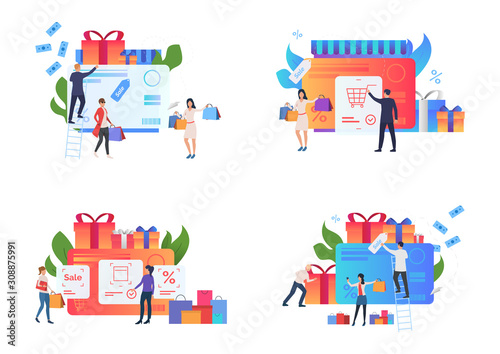 Special offer set. Customers buying goods at sale, paying with credit card. Flat vector illustrations. Business, payment, shopping concept for banner, website design or landing web page