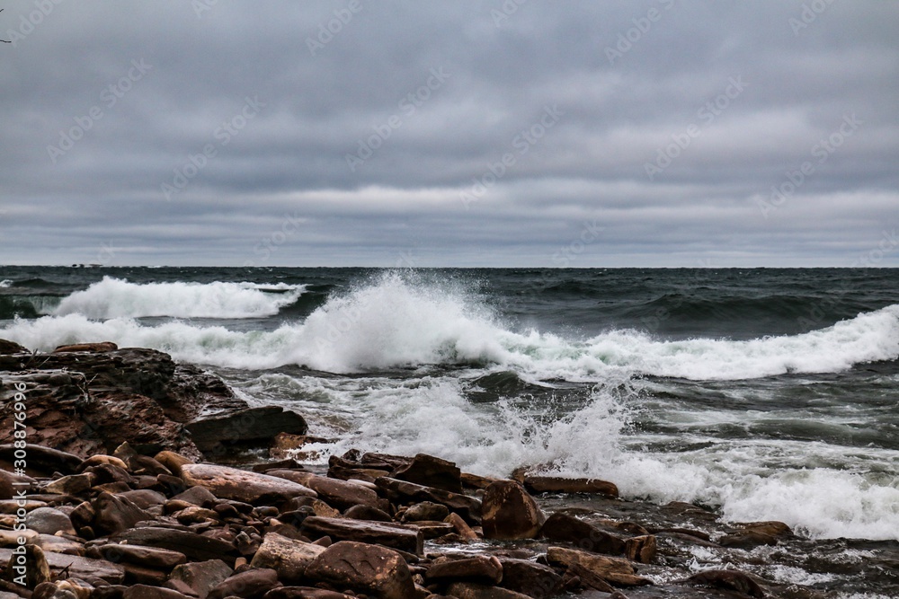 waves crashing on rocks