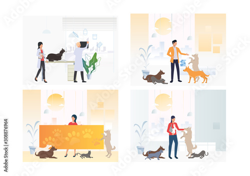 Set of animal shelters. Flat vector illustrations of vet clinic, veterinary. Pet treatment, consultation, animal care concept for banner, website design or landing web page