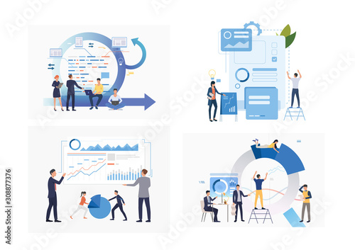 Set of presenting reports illustrations. Flat vector illustrations of professionals presenting graphs, diagrams, infographics. Business concept for banner, website design or landing web page