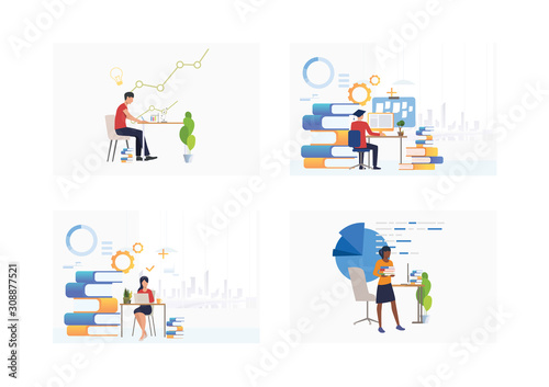Set of students studying. Flat vector illustrations of men and women sitting near stacks of books and using laptop. Education, studying concept for banner, website design or landing web page