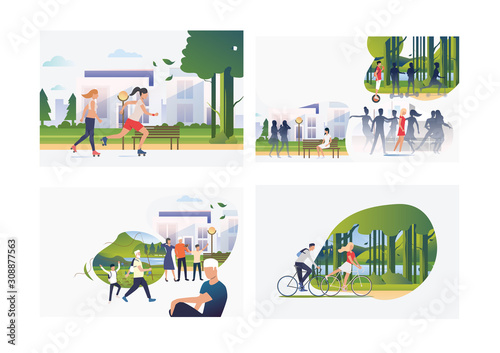 Set of summer activities illustrations. Flat vector illustrations of girls and women roller skating in city. Active lifestyle, activity, summer concept for banner, website design or landing web page