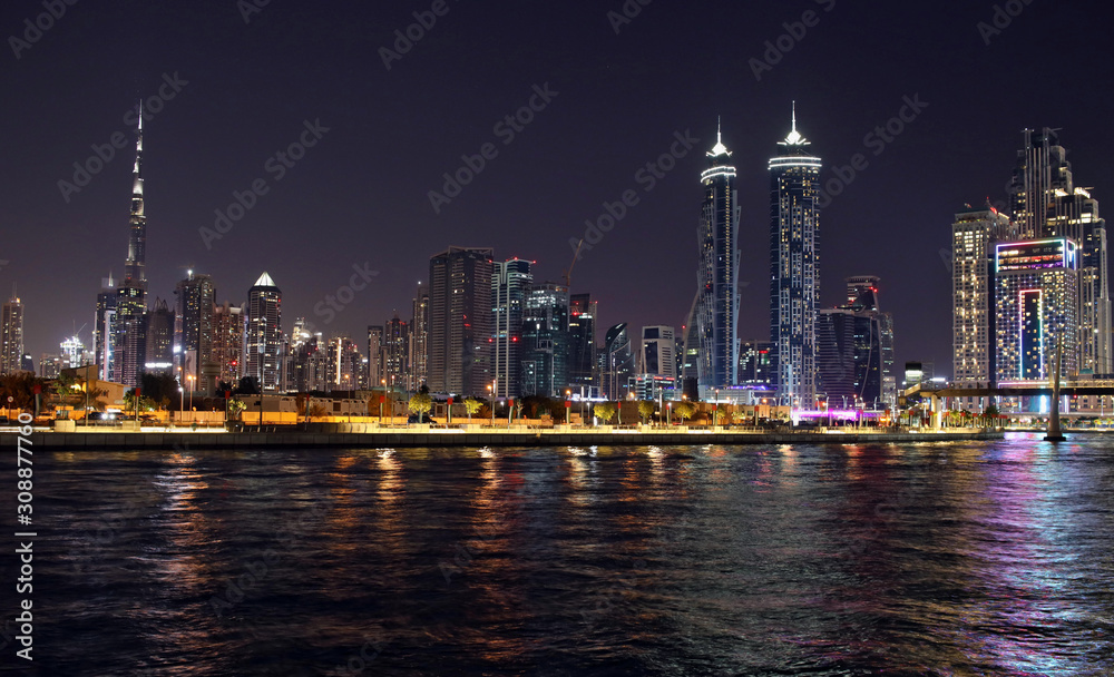 High skyscrapers of the business city centers, located near the seaport panoramic dubai