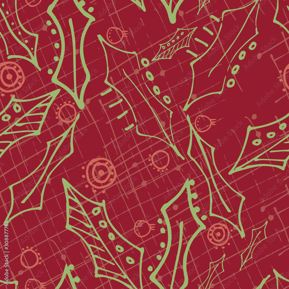 Fototapeta premium Christmas holly and berries seamless pattern illustration, vector surface pattern design