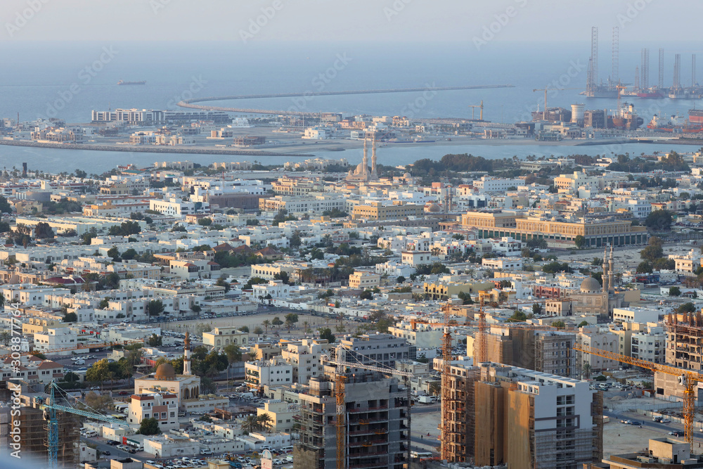 Panorama of the old city and the seaport aerial view dubai