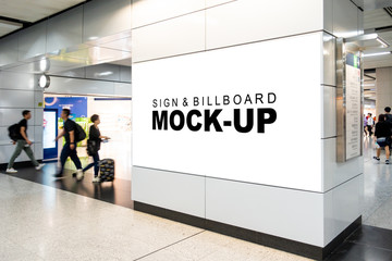 Mock up large horizontal billboard at walkway in building
