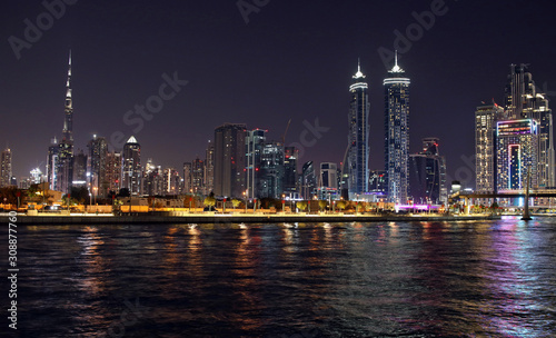 High skyscrapers of the business city centers, located near the seaport panoramic dubai