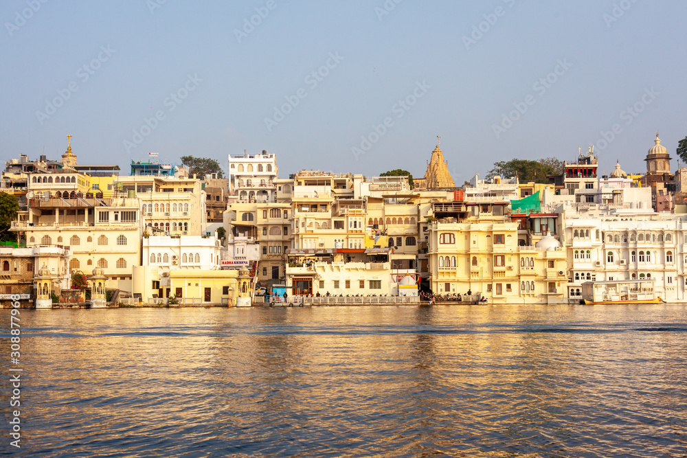 View of the city of Udaipur from the Pichola lake, Rajasthan, India