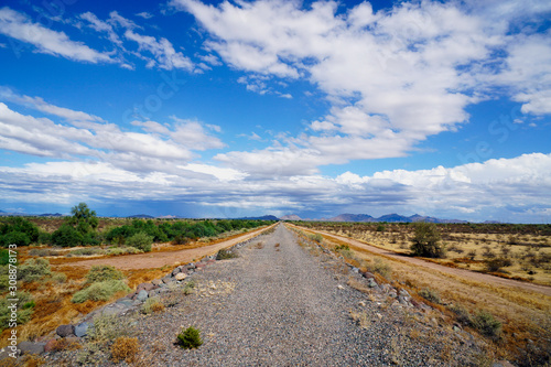 Unpaved road leading straight through desert landscape