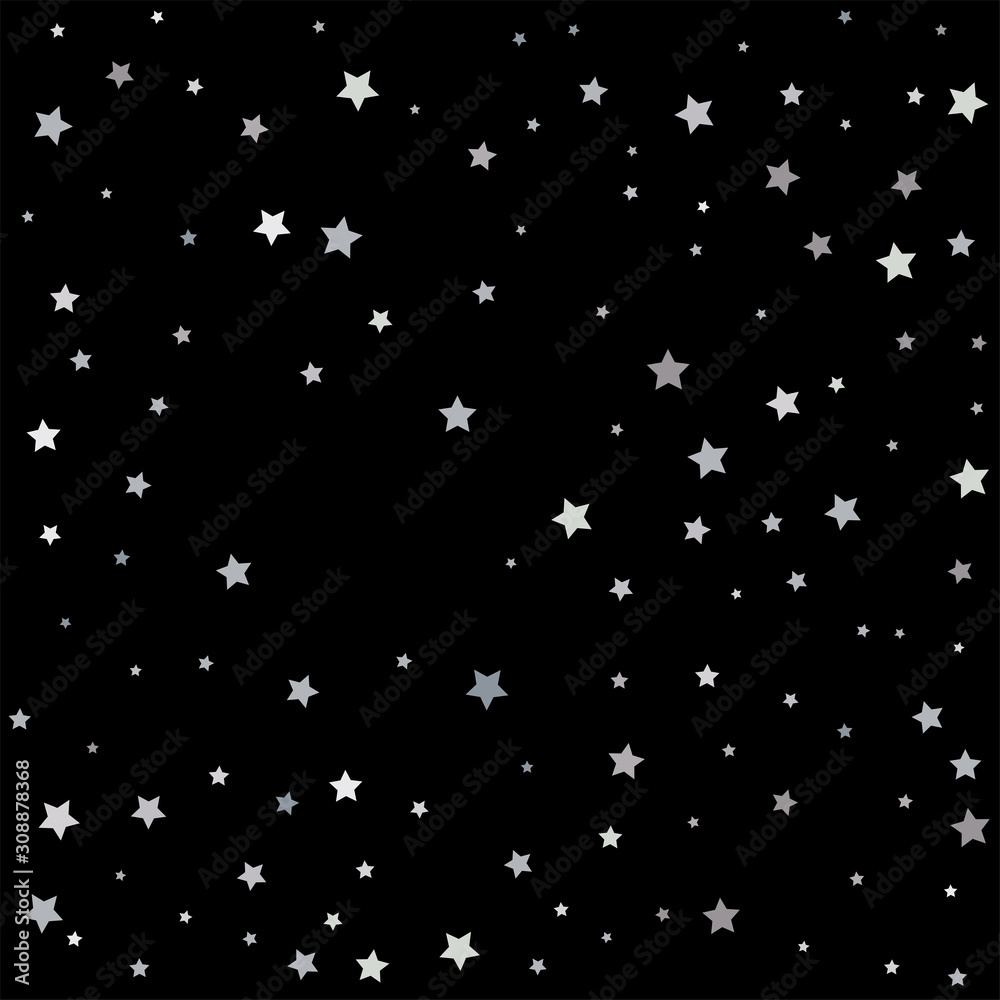 Silver sparkle star on black background. Starry confetti