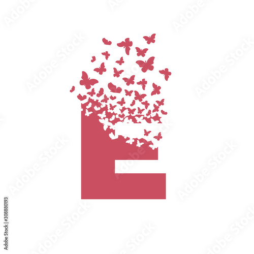 Quadro su tela letter E with effect of destruction. Dispersion. Butterfly, moth