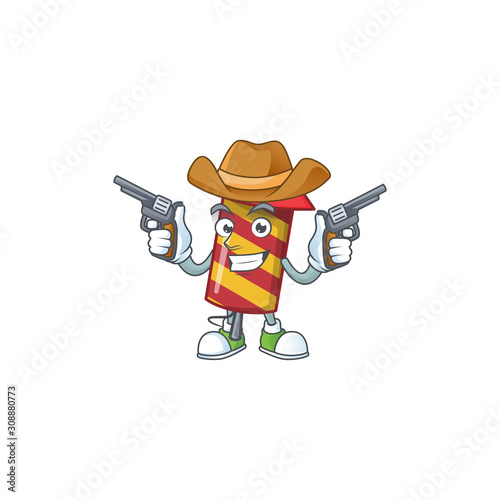 Red stripes fireworks rocket cartoon character as a Cowboy holding guns