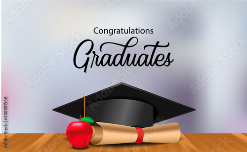 graduation ceremony party with illustration graduation cap on the wood floor