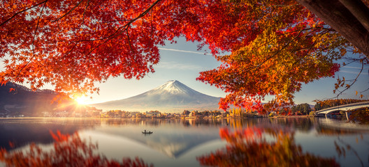 Fotobehang Cappuccinokleur Colorful Autumn Season and Mountain Fuji with morning fog and red leaves at lake Kawaguchiko is one of the best places in Japan  © Travel mania