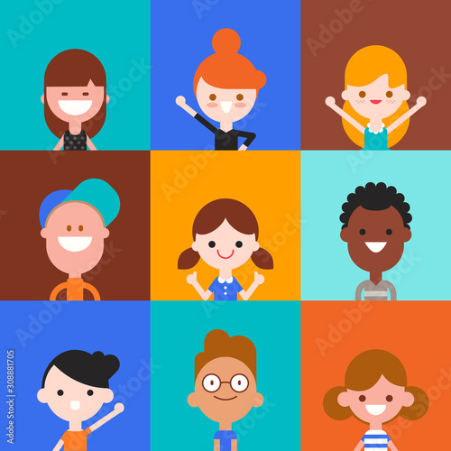 Happy kids character in flat design style isolated on colorful background. Diversity children portrait avatar cartoon vector illustration.