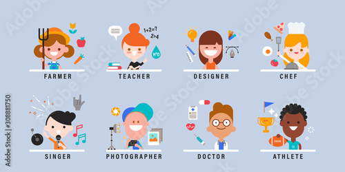 Happy kids with different professions. Smiling boys and girls in various occupations illustration. vector children cartoon character in flat design style.