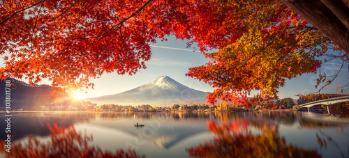 Colorful Autumn Season and Mountain Fuji with morning fog and red leaves at lake Kawaguchiko is one of the best places in Japan #308881788