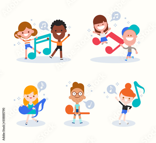 Diversity kids cartoon playing with music notes. Children with musical concept illustration in flat design style.