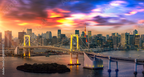 Beautiful night view of Tokyo Bay , Rainbow bridge and Tokyo Tower landmark Twilight scene, Odaiba, Japan