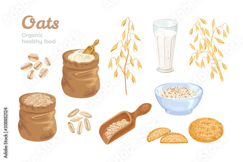 Oats set. Bag of oat flour, sack of grains, wooden scoop with cereals, golden ears of corn, oat milk and cookies. Oat flakes and bowl with oatmeal. Organic food Vector illustration. Cartoon flat style