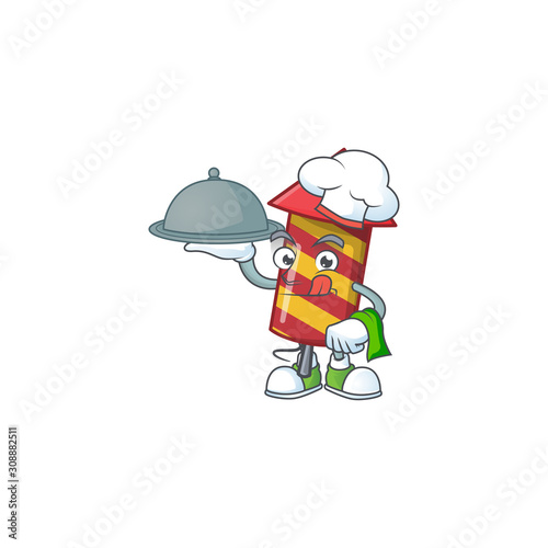 smiling red stripes fireworks rocket as a Chef with food cartoon style design