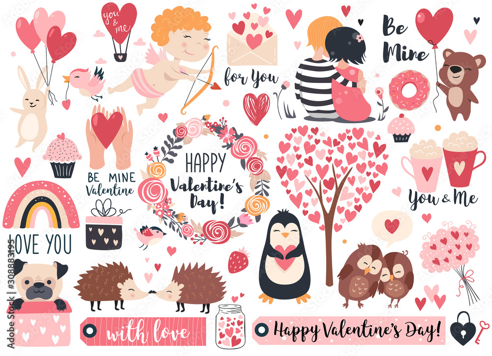 Valentine day set - cute cupid, rabbit, bear, hedgehog, wreath and hearts.  Perfect for scrapbooking, greeting card, party invitation, poster, tag, sticker kit. Vector illustration.