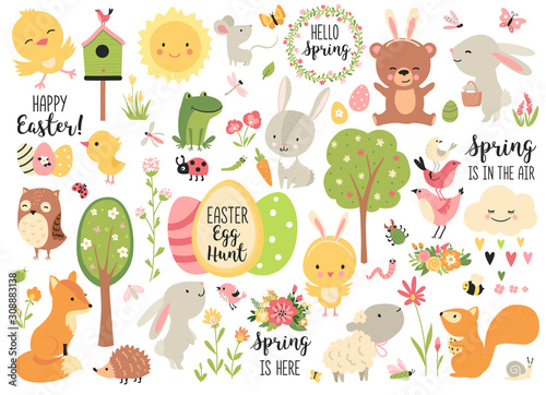 Spring and Easter collection of cute animals, flowers and decorations. Perfect for poster, card, scrapbooking , tag, invitation, sticker kit. Hand drawn vector illustration.