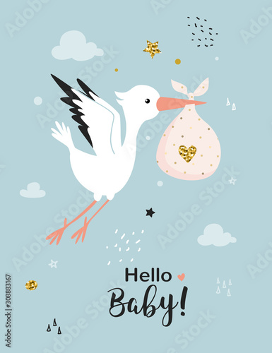 Baby shower card with stork. Birthday invitation template. Vector illustration.