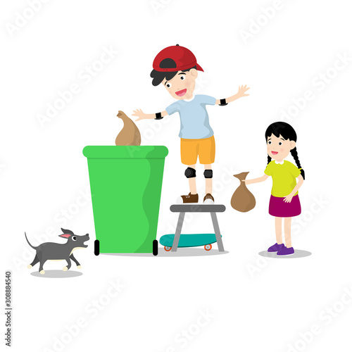 Little boy and little girl are throw away garbage in bin isolated on background. Vector illustration in cartoon character flat style.