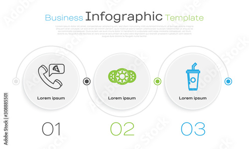 Set line Food ordering pizza, Donut with sweet glaze and Paper glass with drinking straw and water. Business infographic template. Vector
