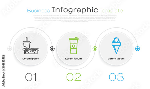 Set line Paper glass with drinking straw and hotdog, Paper glass and water and Ice cream in waffle cone. Business infographic template. Vector