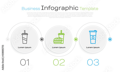 Set line Paper glass with drinking straw and water, Paper glass with drinking straw and burger and Paper glass and water. Business infographic template. Vector