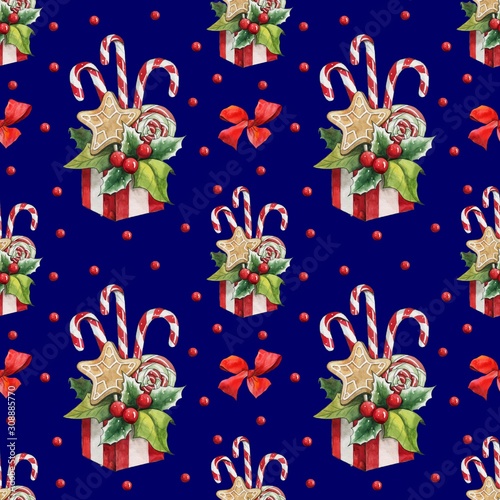 Seamless pattern with Christmas sweets. Great for packaging, postcards, fabric, etc.