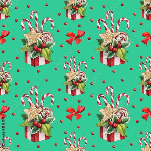 Seamless pattern with Christmas sweets. Great for packaging, postcards, fabric, etc.
