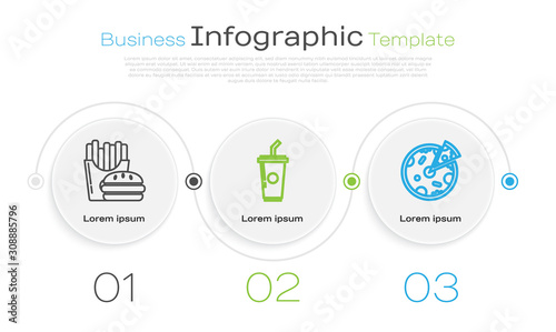 Set line Burger and french fries in carton package box, Paper glass with drinking straw and water and Pizza. Business infographic template. Vector