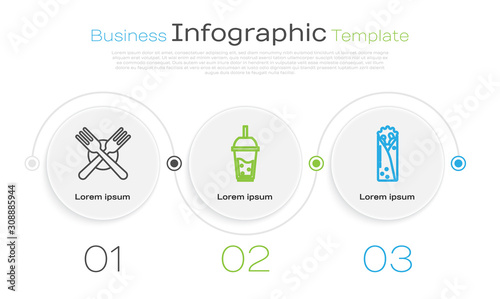 Set line Crossed fork, Glass of lemonade with drinking straw and Doner kebab. Business infographic template. Vector